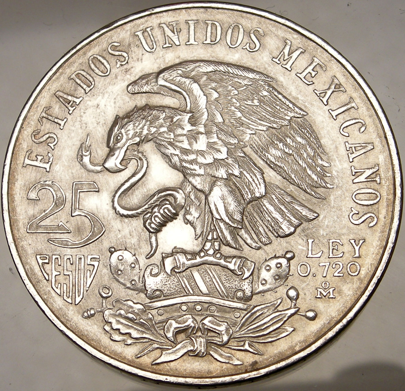 Mexico 1968 25 Peso Olympics 72% Large Silver Coin EAGLE w serpent 