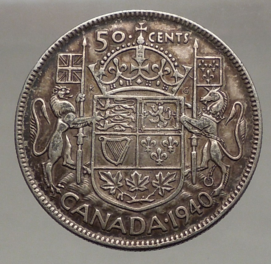 1940 CANADA King George VI of Britain Silver 50 Cent Coin Coat of Arms ...