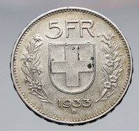 1933 Switzerland Founding HERO WILLIAM TELL 5 Francs Silver Swiss