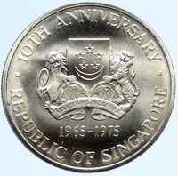1975 SINGAPORE 10th Year Independence CARGO SHIP Silver 10 Dollars
